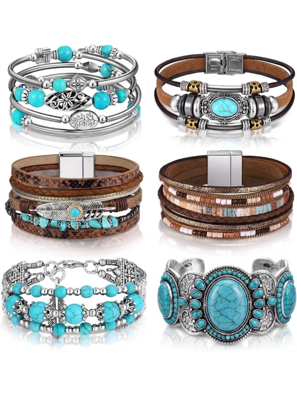 Turquoise Leather Bracelets for Women - 6 Pcs Boho Multilayer Cuff Bangle Set